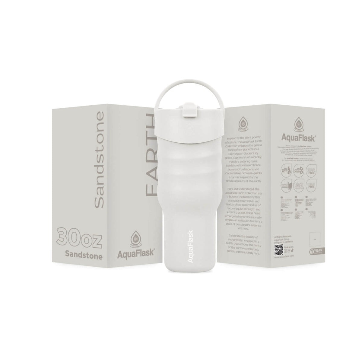AquaFlask Collection Earth, gobelet isolant en acier inoxydable de 887 ml avec poignée – Chaud 12H / Froid 24H, étanche et durable