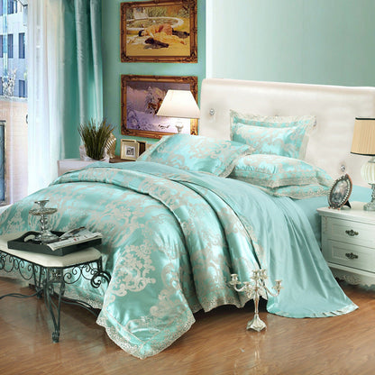 Jacquard Cotton Four‑Piece Luxury Bedding Set – Pure Cotton Duvet Cover &amp; Silk‑Satin Finish Bed Sheet