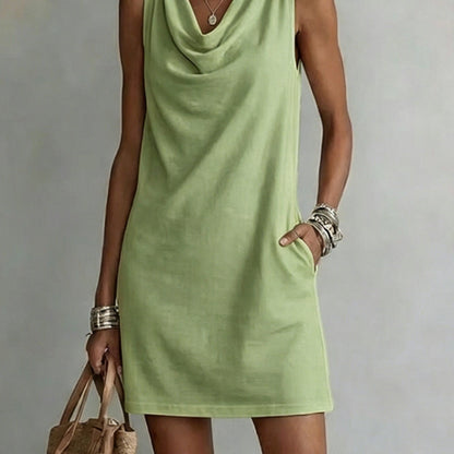 Women's Elegant Summer Dress – Draped Cowl Neck Slim Fit Midi Dress