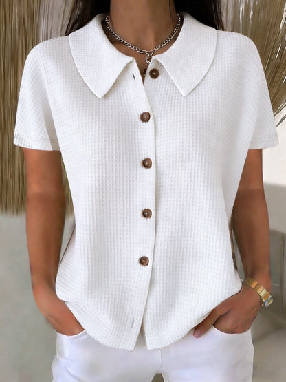 Turn-Down Collar Waffle Weave Solid Color Casual Loose Fit Short Sleeve Shirt - Women's Cotton Blend Lightweight Summer Top For Daily Wear