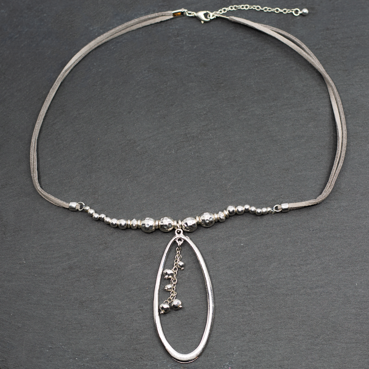 Silver Plate Oval Beaded Pendant Necklace On Suede