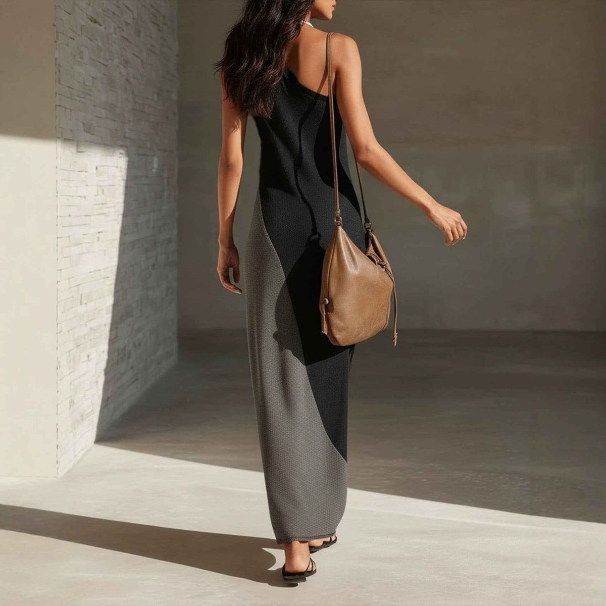 Women's One-Shoulder Color Block Midi Dress – Sleeveless Patchwork Casual Fashion Dress