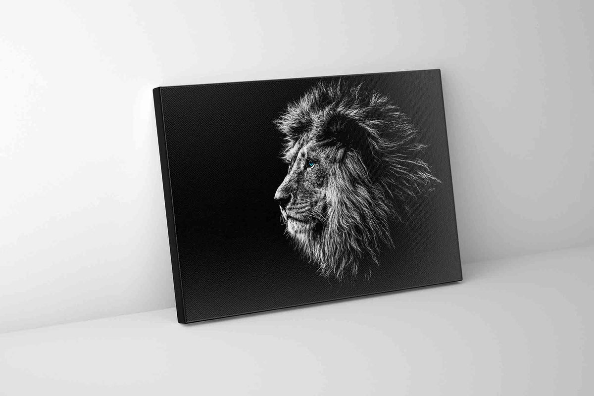 Wildlife Canvas Art-Lions Head Blue Eye in Black and White -Silver varnish