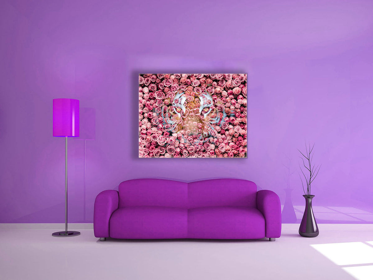 Tiger in the Rose-Wildlife Canvas Prints- Animal Art- Gold varnish