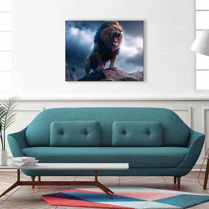 Toile d'art animalier - Le Lion et la Tempête - Vernis or - Impressions nature. #4836-148