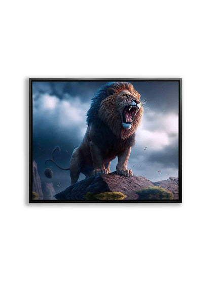 Toile d'art animalier - Le Lion et la Tempête - Vernis or - Impressions nature. #4836-148