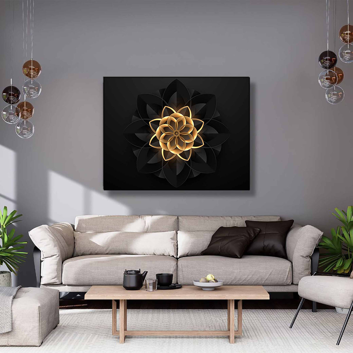 Wall Art Abstract Flower in Black and Gold- Fine and Modern wall art - Gold varnish