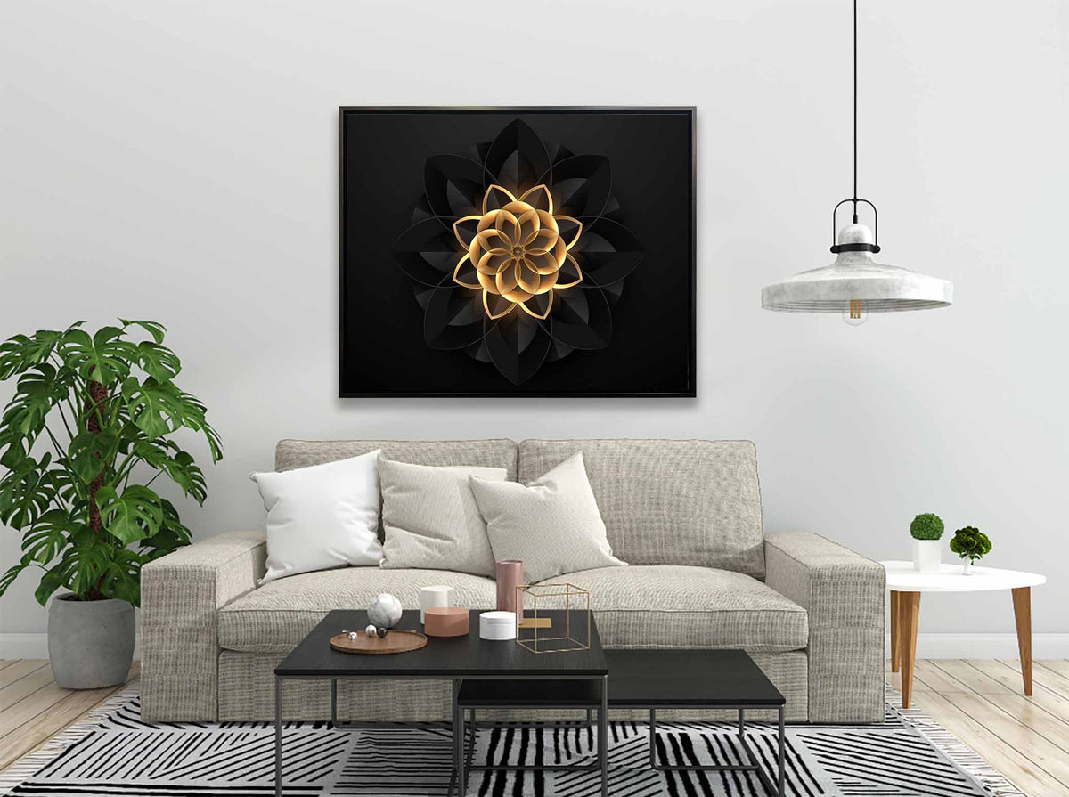 Wall Art Abstract Flower in Black and Gold- Fine and Modern wall art - Gold varnish