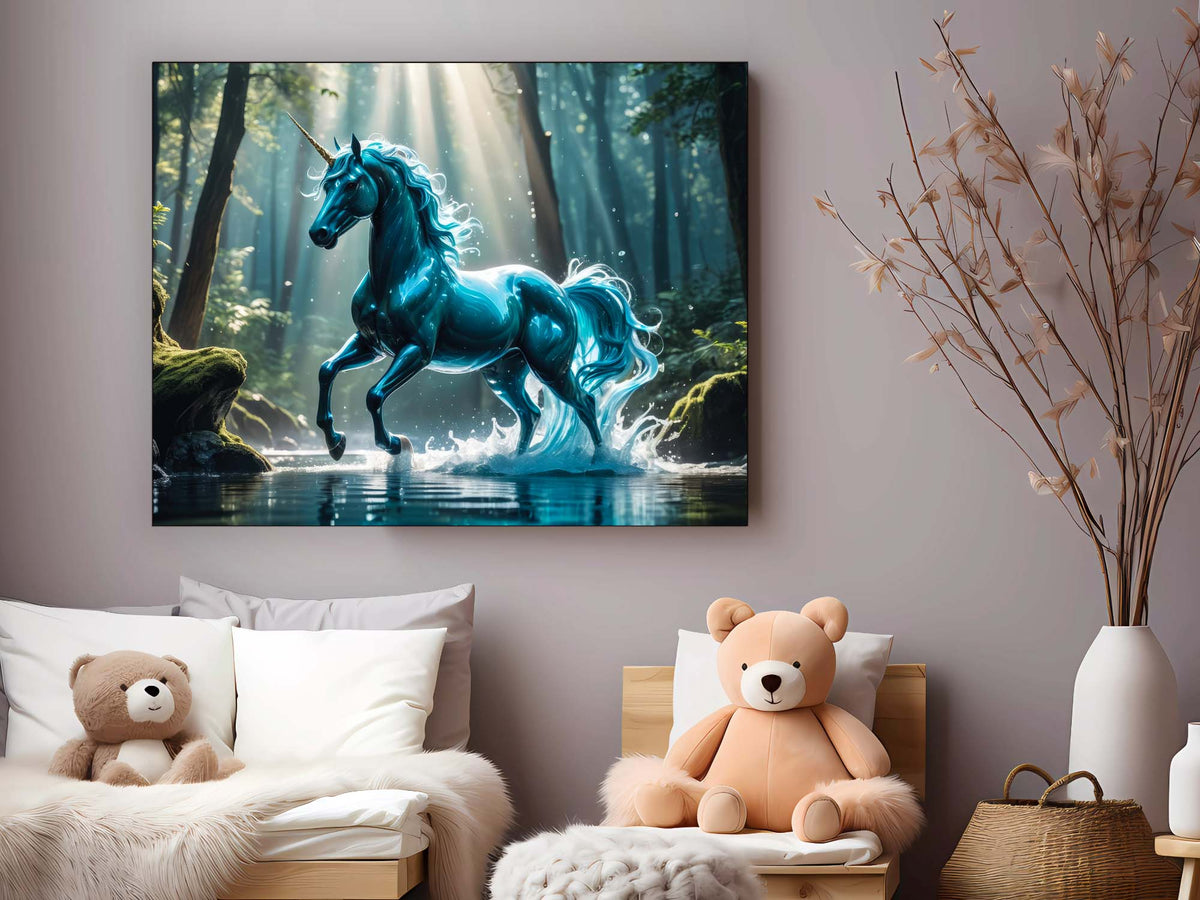 Blue Unicorn Canvas Wall Art | Enchanted Forest | 47 × 35 inches