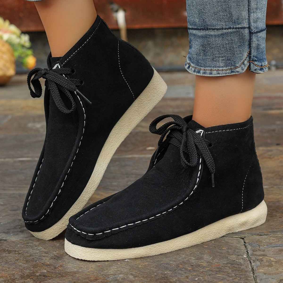 Women's Hidden Heel Ankle Boots – Stitched Detail Lace-Up Suede Fashion Shoes
