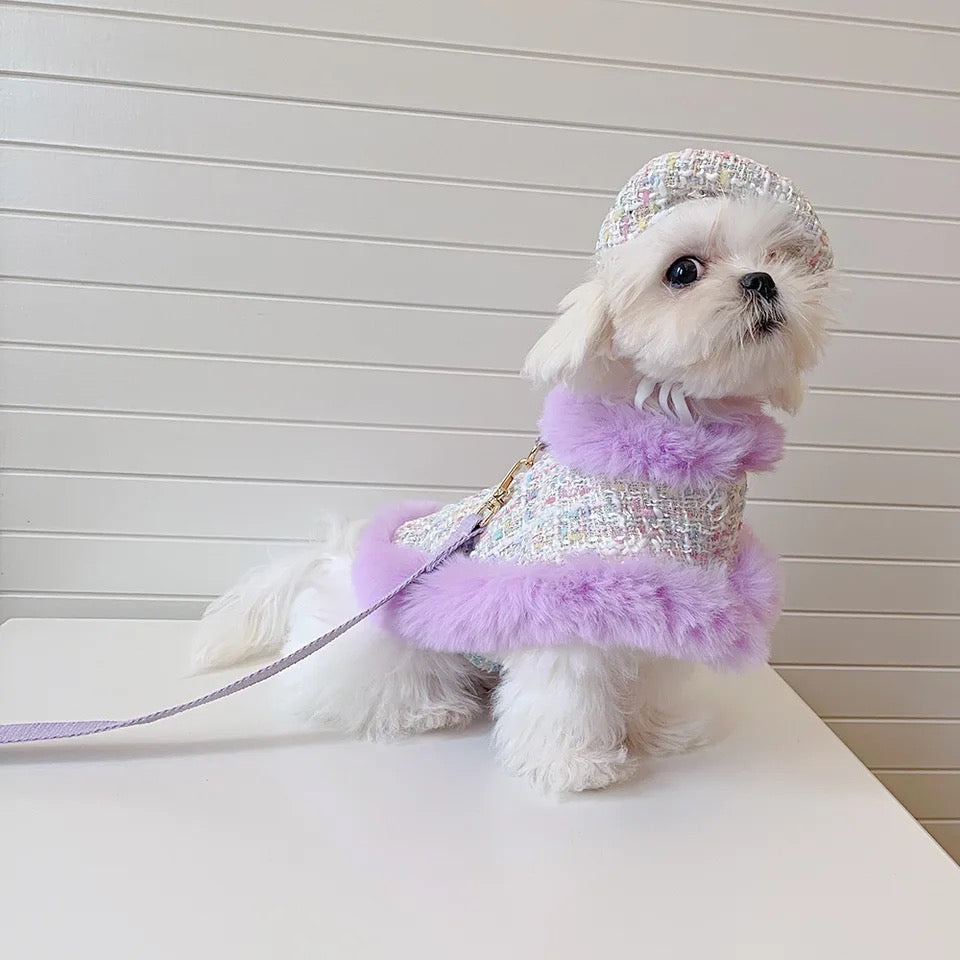 Lilac Harness and Leash Set | Plaid Dog Harness Hat Set