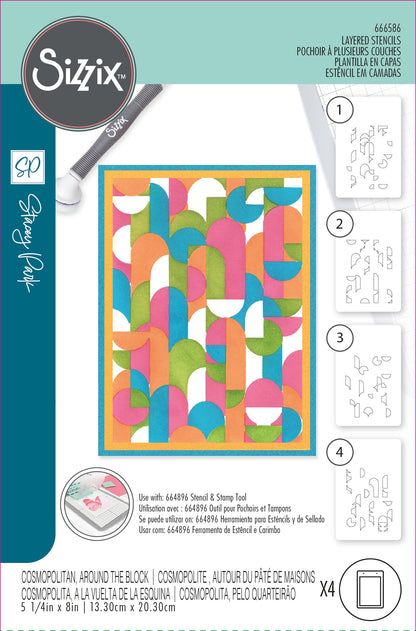 Pochoirs multicouches Sizzix A6 4 pièces Cosmopolitan, Around the Block par Stacey Park