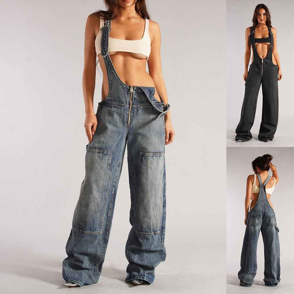 Women's Loose Fit Denim Jumpsuit – Y2K Wide Leg Suspender Overalls