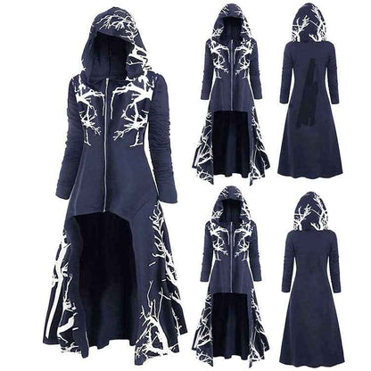 Gothic Halloween Cape Jacket for Women – Printed Long Sleeve Zip-Up Costume Coat