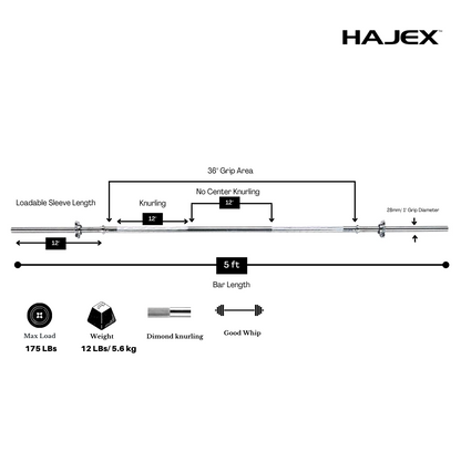 HAJEX Olympic and Standard Barbell Bars 4Ft, 5Ft, 6Ft and 7Ft