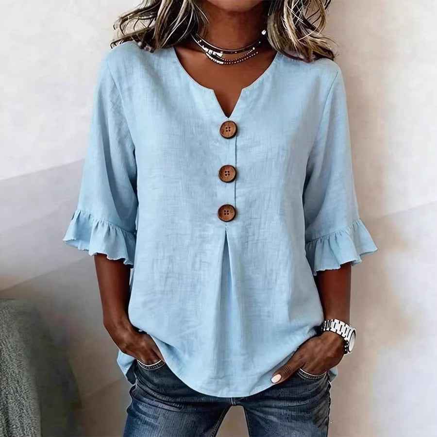 Summer Ruffled-Sleeve Top Loose Casual V-Neck Buttons Short-sleeved Shirts Women's Clothing