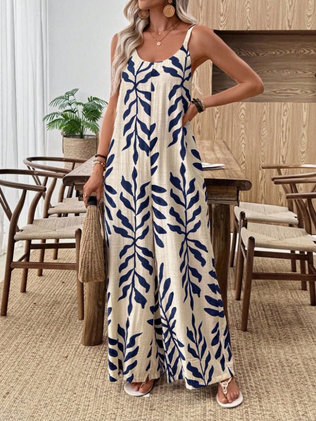 Womens Casual & Elegant V-Neck Jumpsuit With Tropical Leaf Print And Pockets For Women