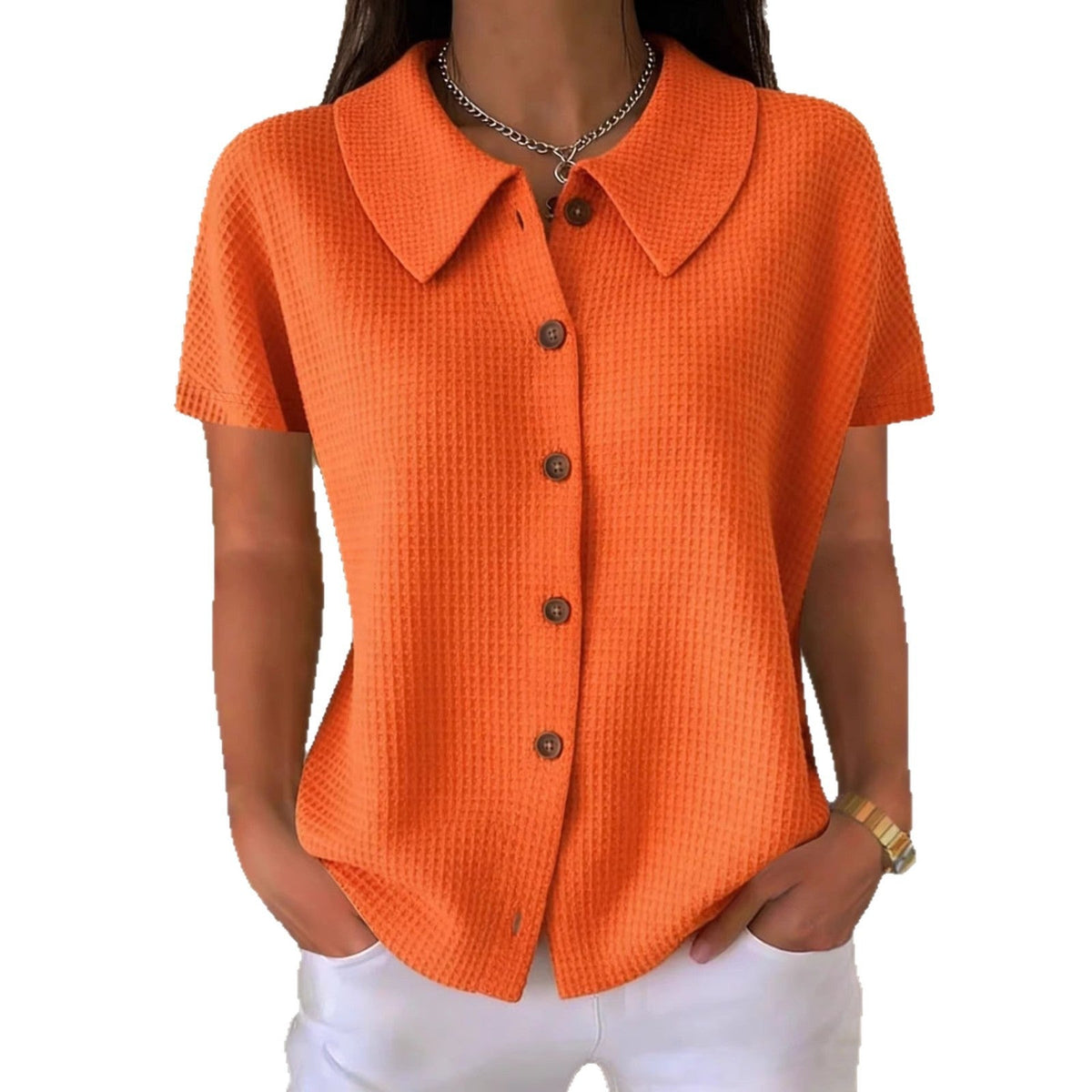 Turn-Down Collar Waffle Weave Solid Color Casual Loose Fit Short Sleeve Shirt - Women's Cotton Blend Lightweight Summer Top For Daily Wear