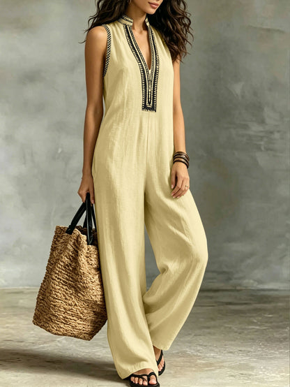 Women’s Sleeveless Stand Collar Jumpsuit – V-Neck Lace Trim Wide-Leg Pants with Pockets