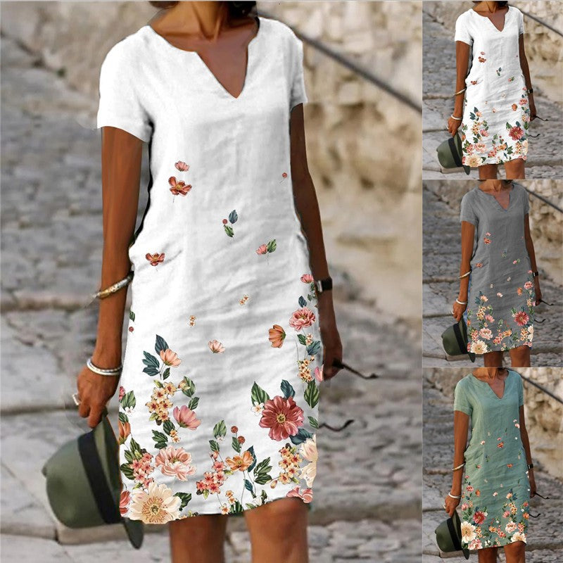 Women's Floral Print V-Neck A-Line Midi Dress – Short-Sleeve Casual Summer Dress