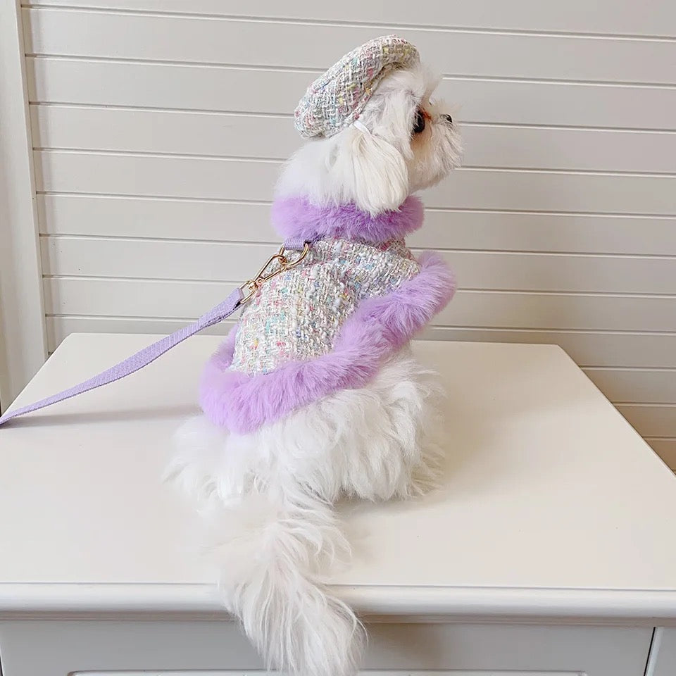 Lilac Harness and Leash Set | Plaid Dog Harness Hat Set