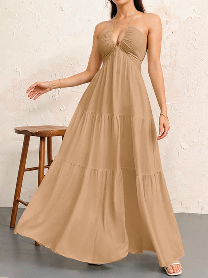 Backless Halterneck V-Neck Pleated A- Line Dress Women's Clothing One-Piece Dress Ankle-length Skirt For Beach Vacation Outfits