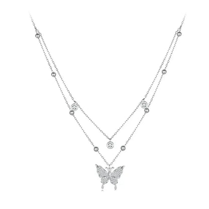 925 Sterling Silver Double-layer Tassel Butterfly Pendant Necklace for Women - Elegant Fine jewelry