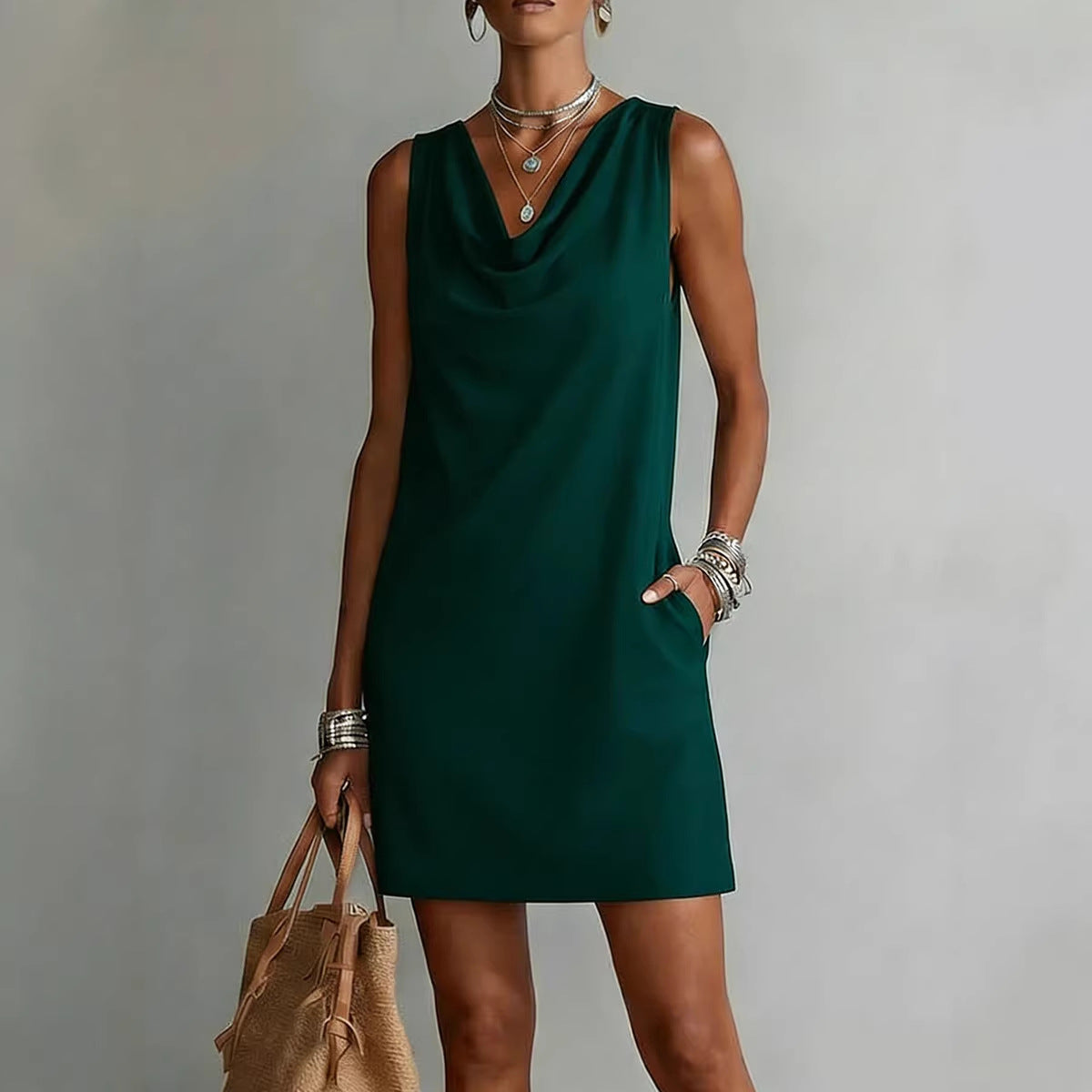 Women's Elegant Summer Dress – Draped Cowl Neck Slim Fit Midi Dress