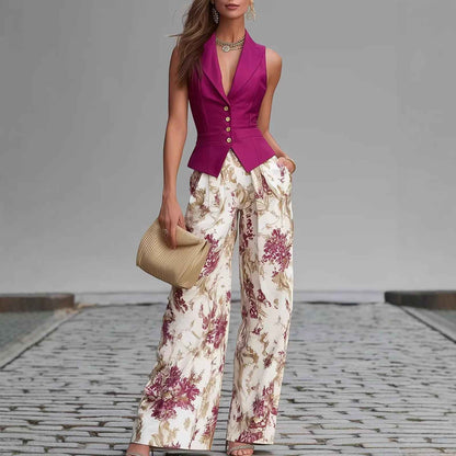 Elegant Buttoned Vest Top And Summer Slimming Wide-leg Pants Two-piece Set For Women