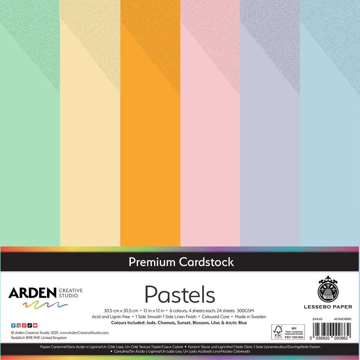 Arden Creative Studio Papier cartonné de qualité supérieure Couleurs pastel 30,5 cm x 30,5 cm 300 g/m² Paquet de 24