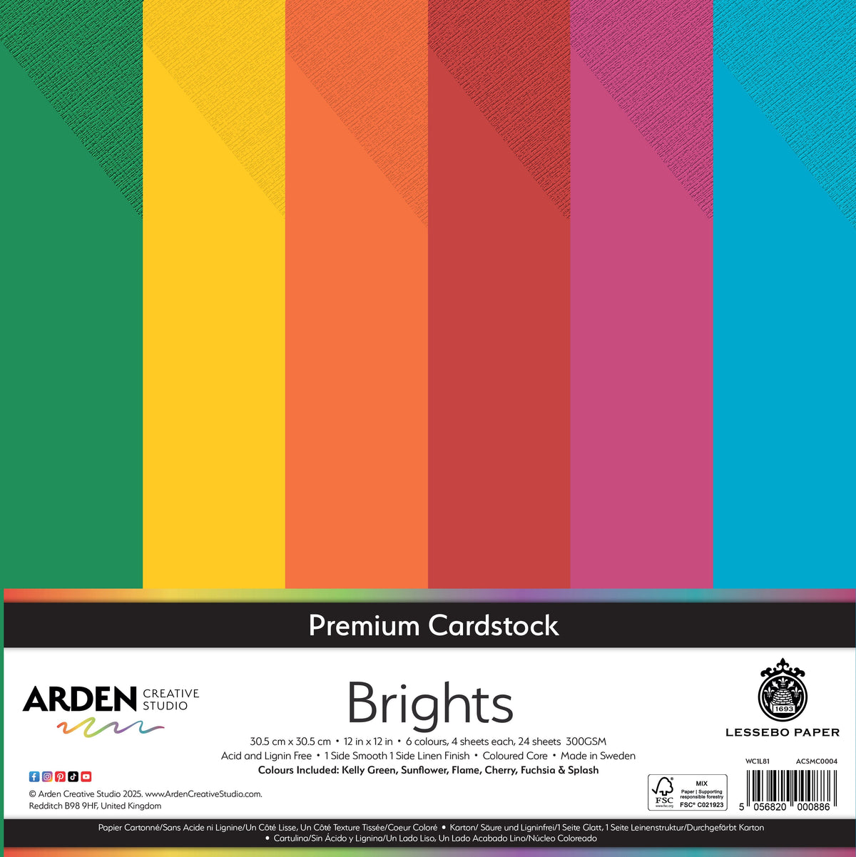Arden Creative Studio Premium Cardstock Brights 12in x 12in 300gsm 24 Pack
