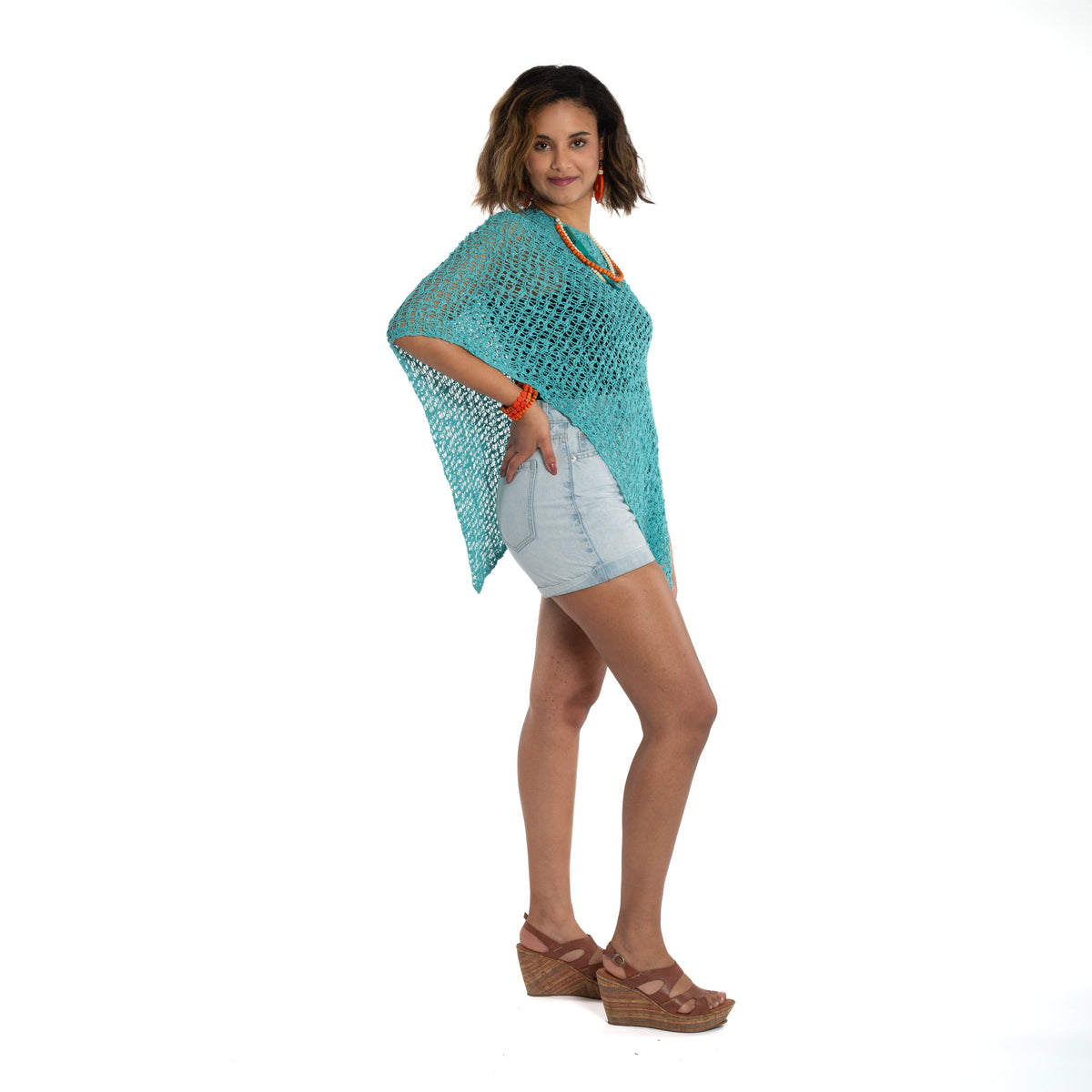 Short Popcorn Knit Poncho - Teal