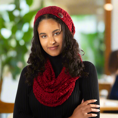 Bonnet en tricot rouge Popcorn avec bouton