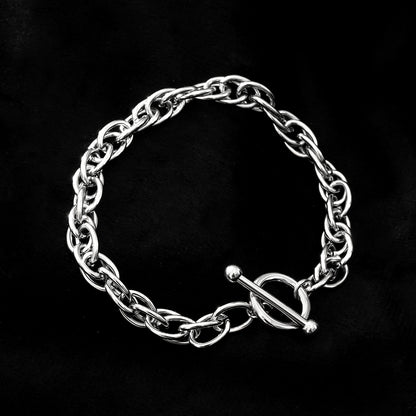 ARDA Silver (White Gold): Chunky Intricate Multi-Link Bracelet with Circle & T-Stopper