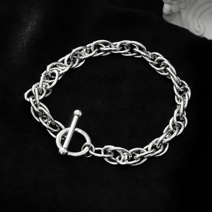 ARDA Silver (White Gold): Chunky Intricate Multi-Link Bracelet with Circle & T-Stopper