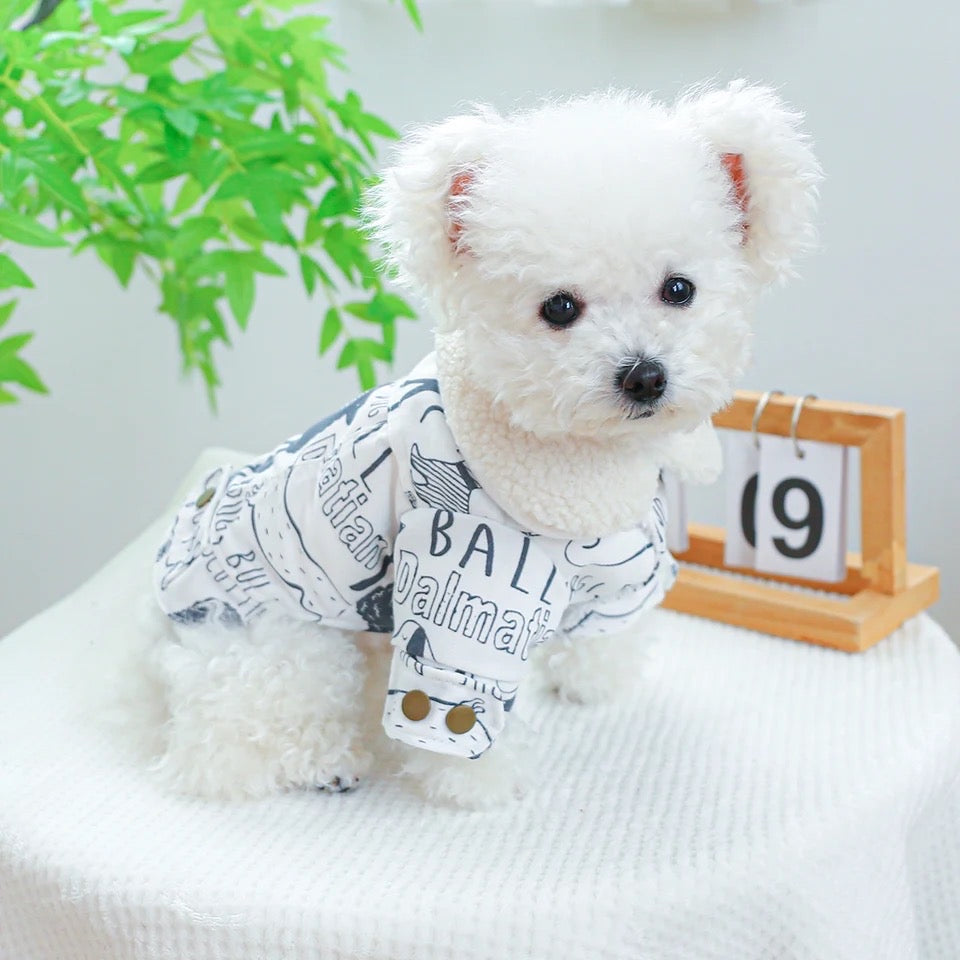 Sketch Print Dog Coat | Warm Dog Coat with Fur Trim