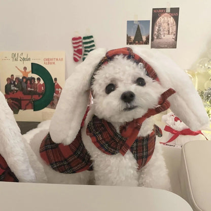 Winter Bunny Dress for Dogs – Red Plaid Dog Dress with Hat