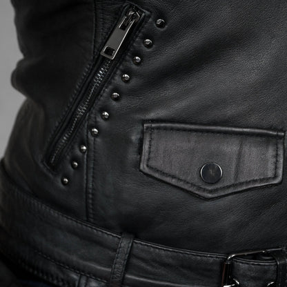 BOL Women’s Nova Leather Moto Jacket. Shadow Chrome Studded Biker Jacket with Waist Belt