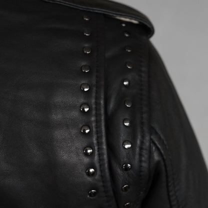 BOL Women’s Nova Leather Moto Jacket. Shadow Chrome Studded Biker Jacket with Waist Belt
