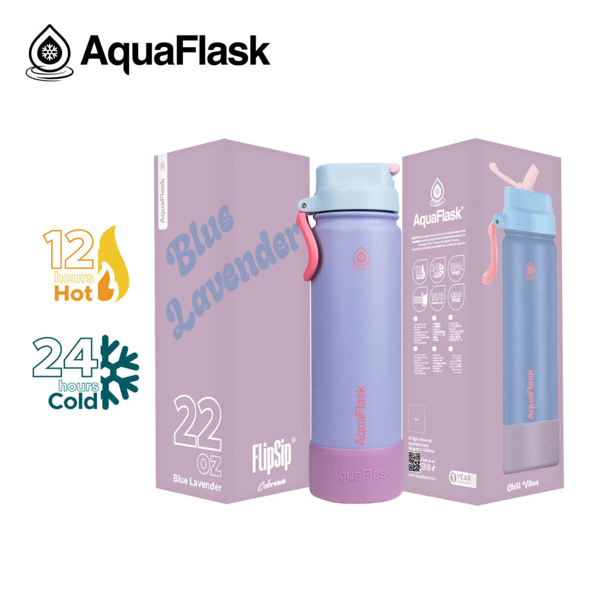 Bouteille d'eau isotherme AquaFlask (650 ml) Colorwave Flip Sip en acier inoxydable à double paroi, pour boissons chaudes et froides