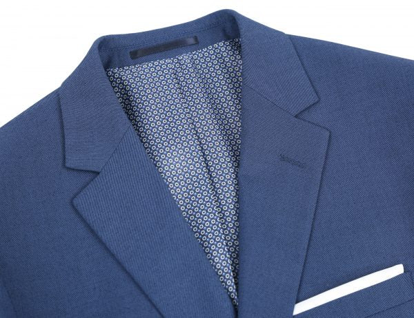 BUILD YOUR PACKAGE: Blue Stretch Trim Fit Suit (Package Includes 2 Pc Suit, Shirt, Necktie or Bow Tie, Matching Pocket Square, & Shoes)