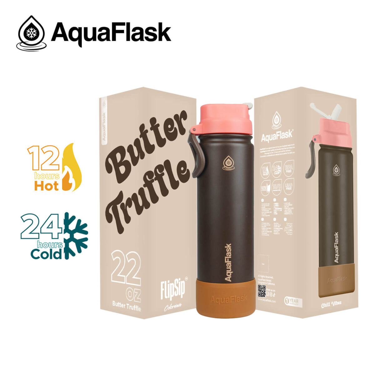 Bouteille d'eau isotherme AquaFlask (650 ml) Colorwave Flip Sip en acier inoxydable à double paroi, pour boissons chaudes et froides