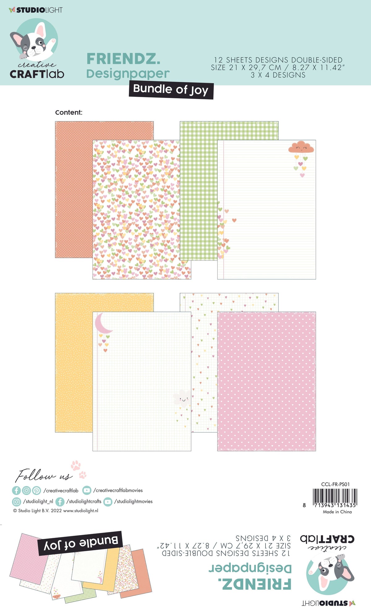 CCL Lot de papiers « Bundle Of Joy » Friendz 210x297x3mm 12 feuilles n°01