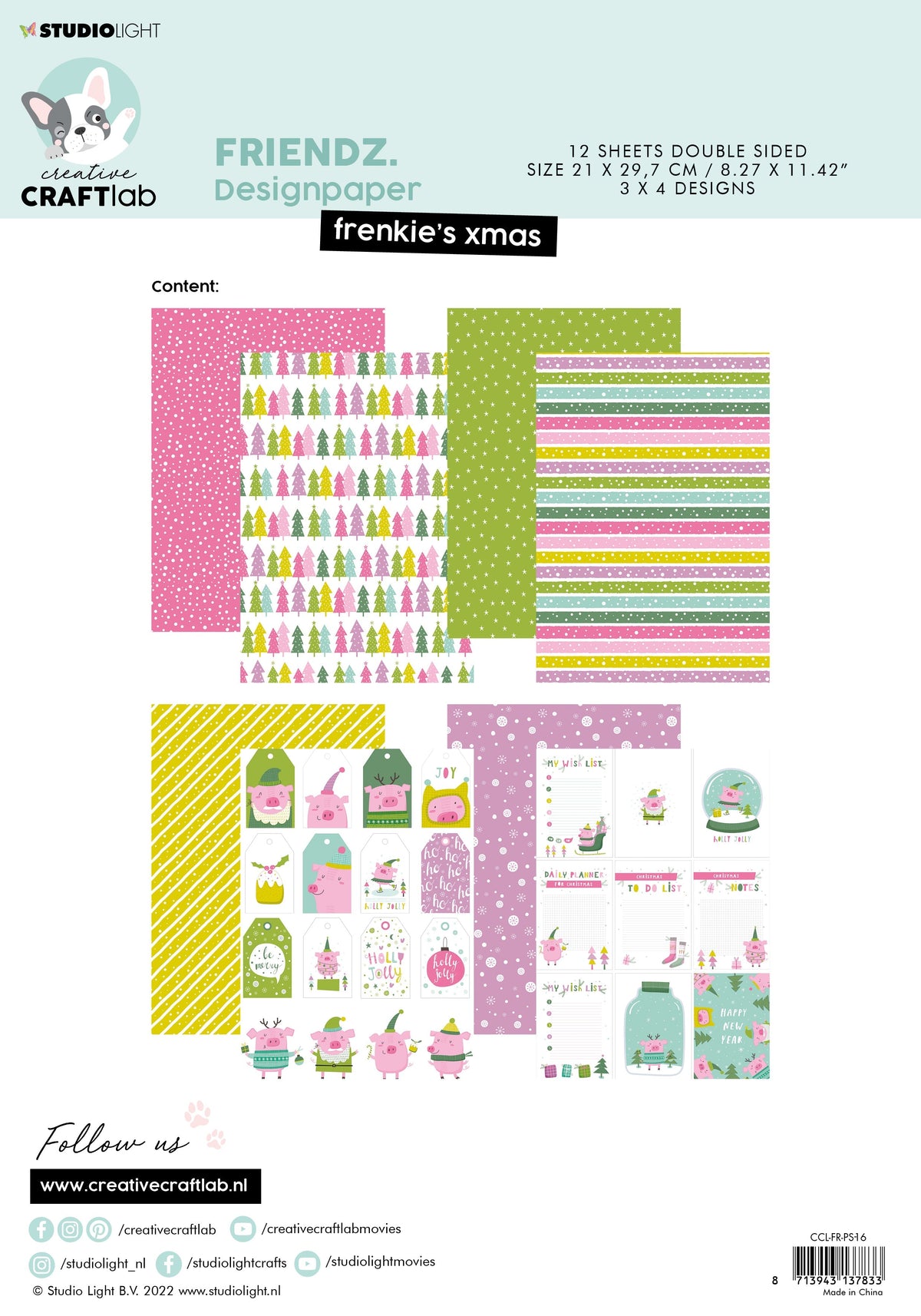 Assortiment de papiers CCL Frenkie's Xmas Friendz 210x297x3mm 12 FEUILLES n°16