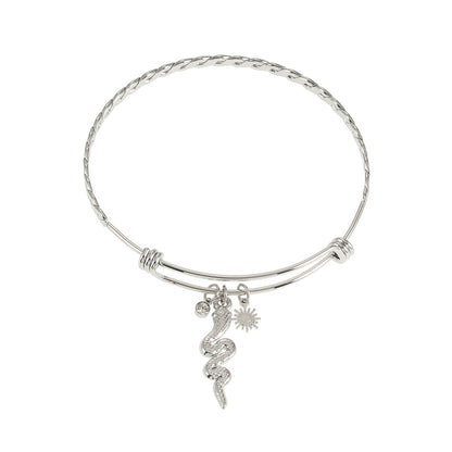 CATALINA White Gold (Silver Toned): Bracelet with Serpent, Sun Symbol and Zirconia (CZ) Charms.