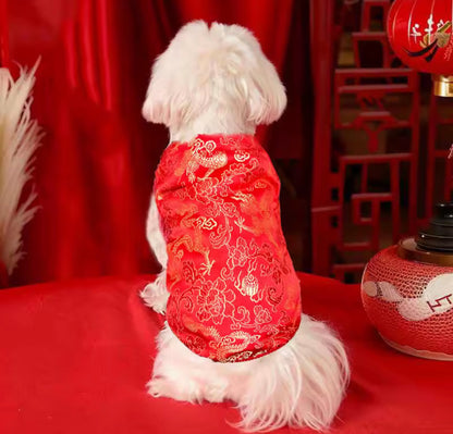 Lucky Bloom Chinese New Year Dog Shirt | Red & Gold Cheongsam-Inspired Top