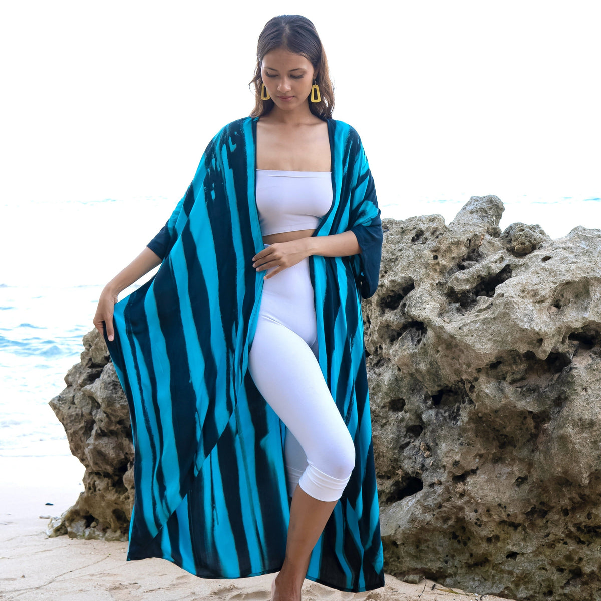 Bold Abstract Tie Dye Long Kimono In Teal & Black