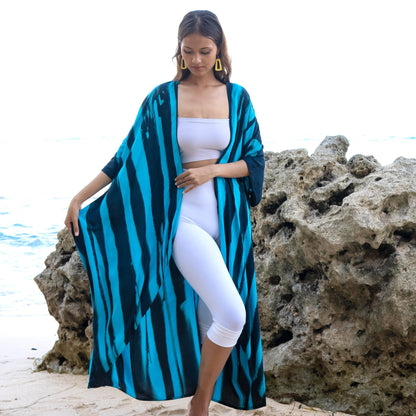 Bold Abstract Tie Dye Long Kimono In Teal & Black