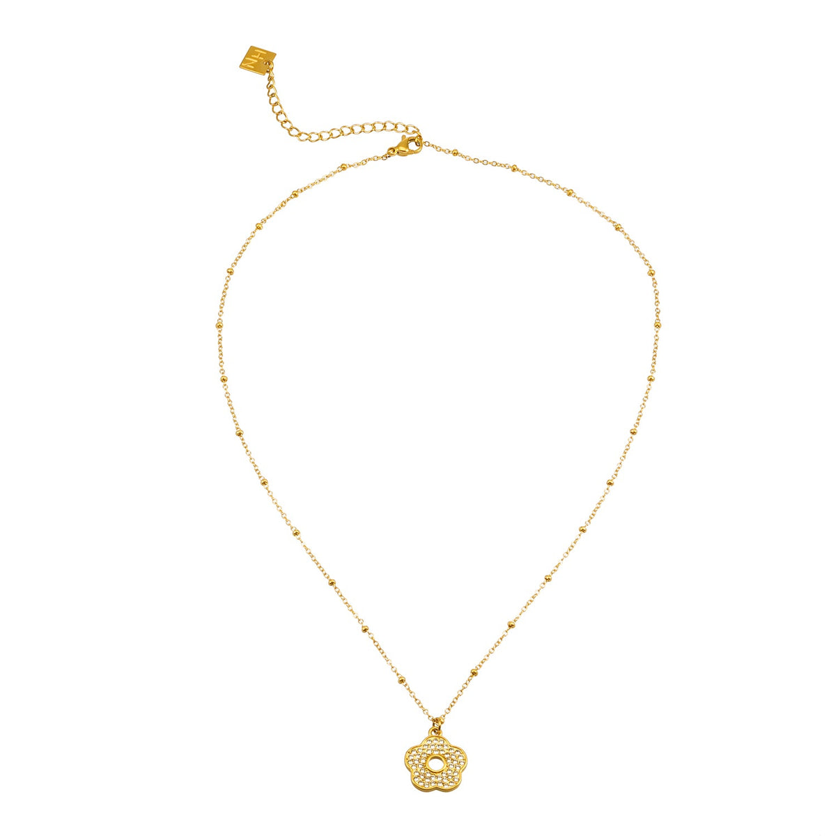 MELRINA Gold - Vintage Bloom: Beaded Chain Necklace with Pave Zirconia Flower Charm