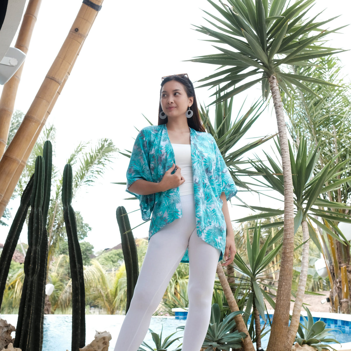 Fern Print Short Kimono - Mint & Grey